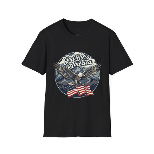 God Bless America Eagle T-Shirt — Patriotic Bald Eagle with Flag Design