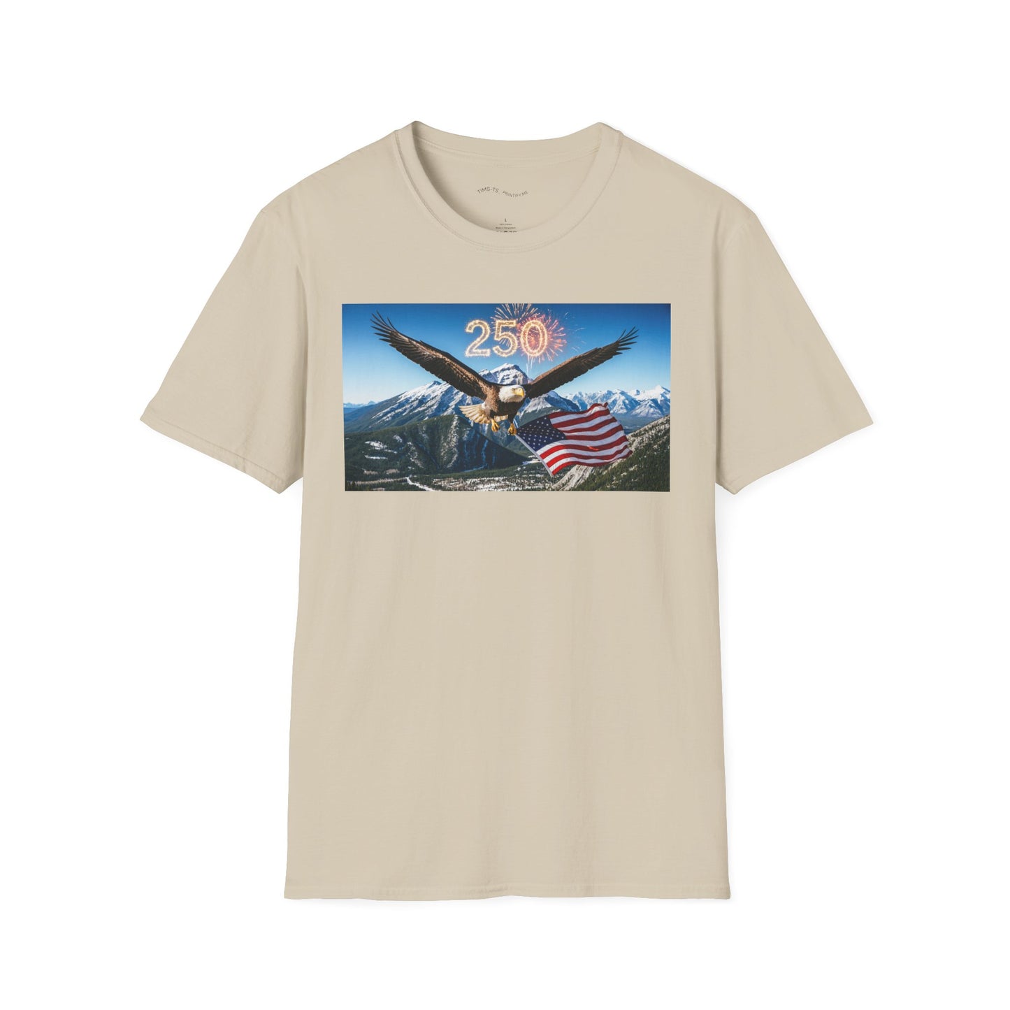 Patriotic Eagle T-Shirt – '250' Fireworks & American Flag Mountain Design
