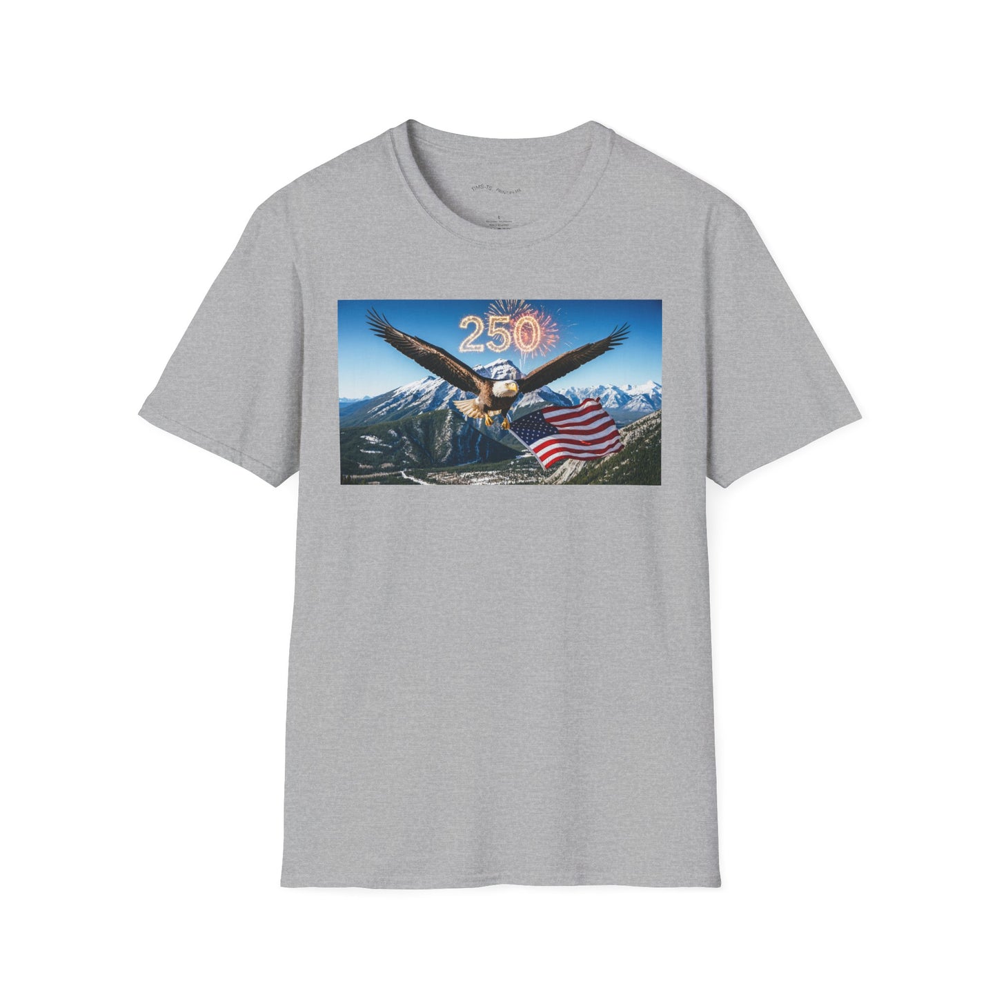 Patriotic Eagle T-Shirt – '250' Fireworks & American Flag Mountain Design