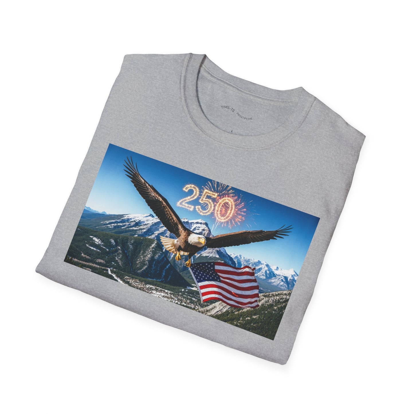 Patriotic Eagle T-Shirt – '250' Fireworks & American Flag Mountain Design