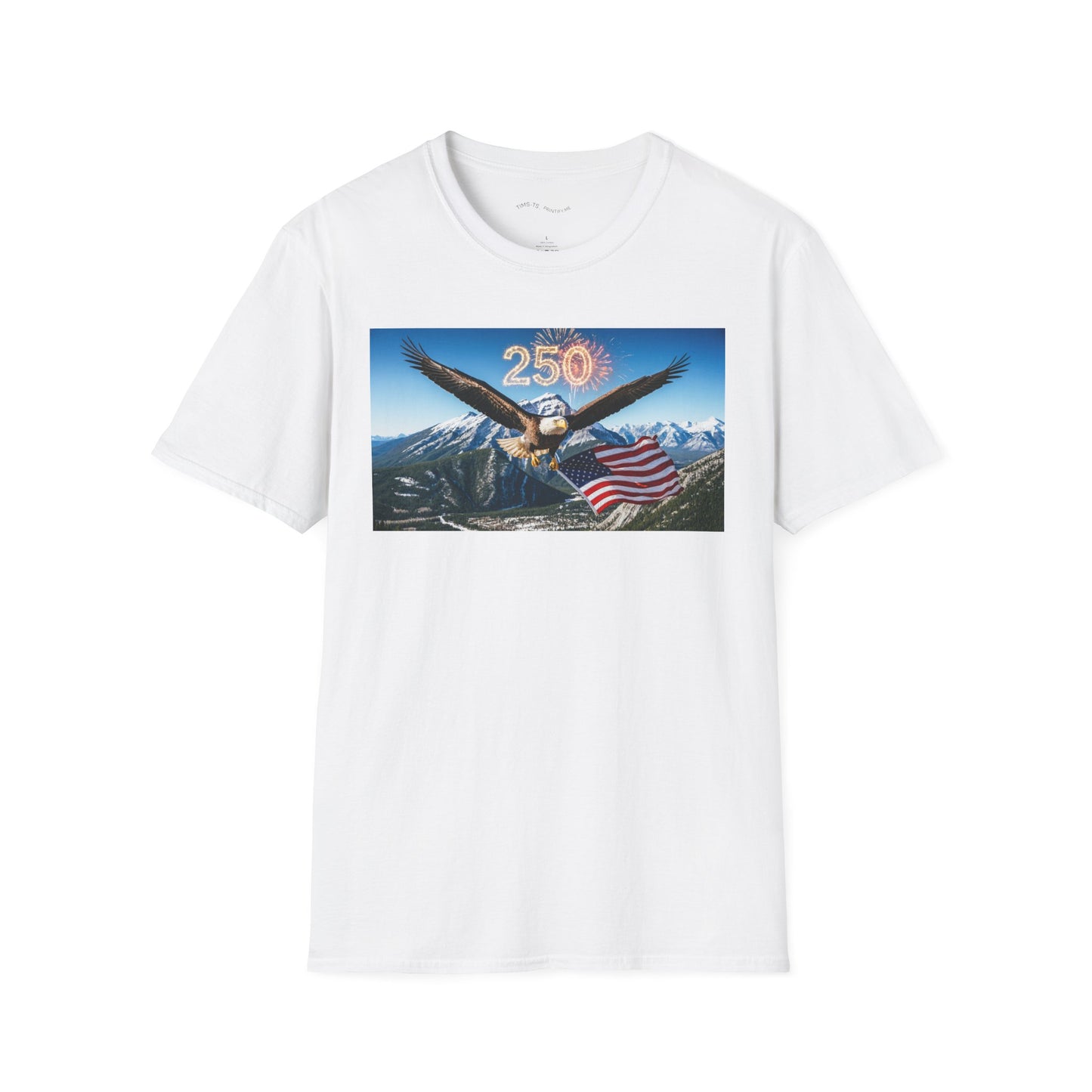 Patriotic Eagle T-Shirt – '250' Fireworks & American Flag Mountain Design