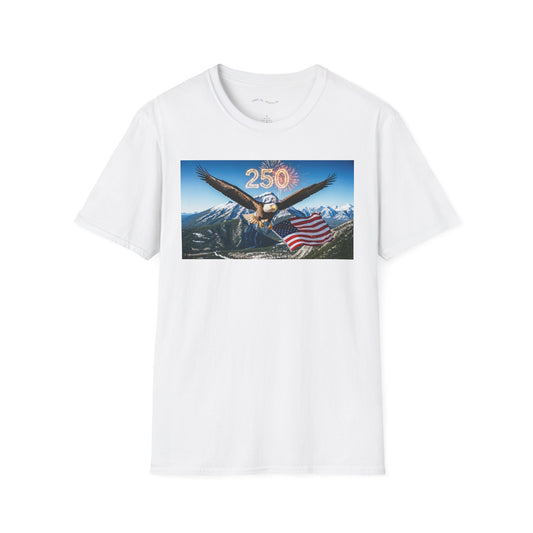 Patriotic Eagle T-Shirt – '250' Fireworks & American Flag Mountain Design