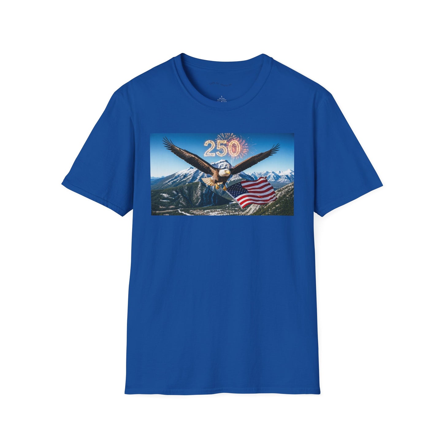Patriotic Eagle T-Shirt – '250' Fireworks & American Flag Mountain Design