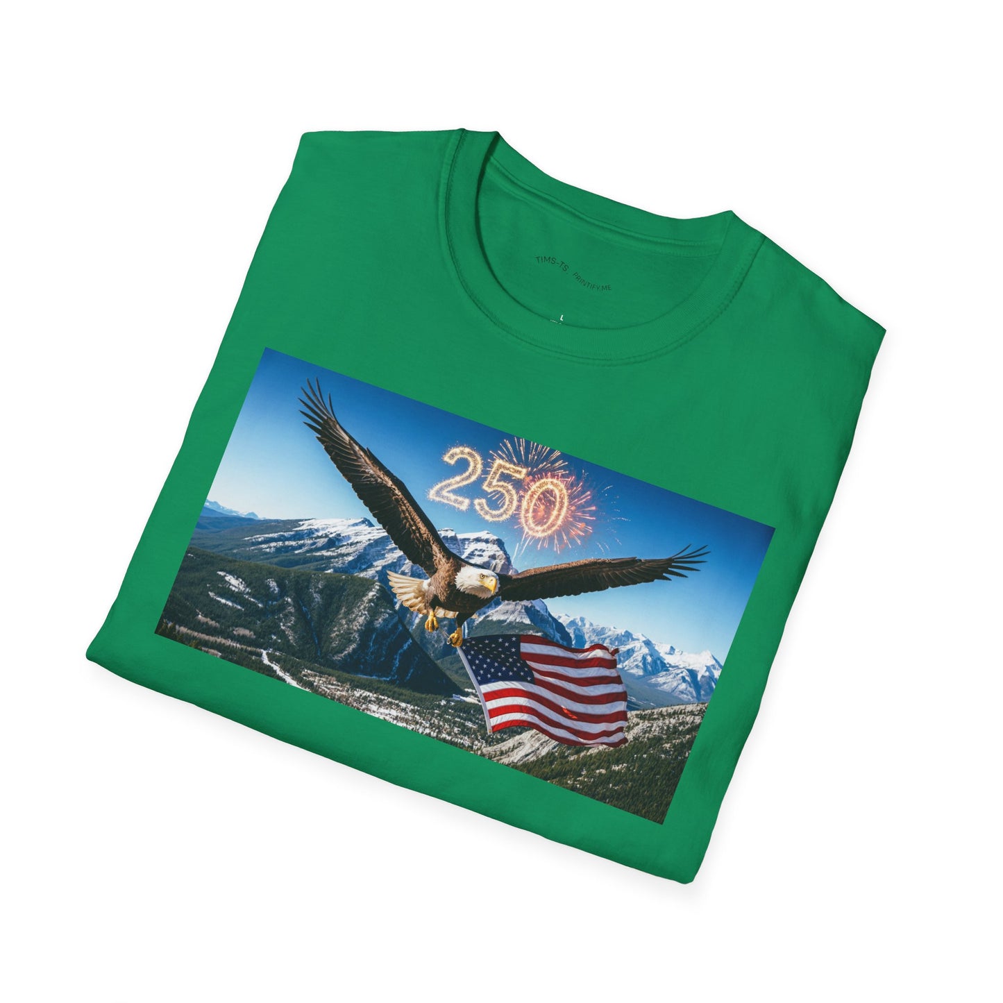 Patriotic Eagle T-Shirt – '250' Fireworks & American Flag Mountain Design