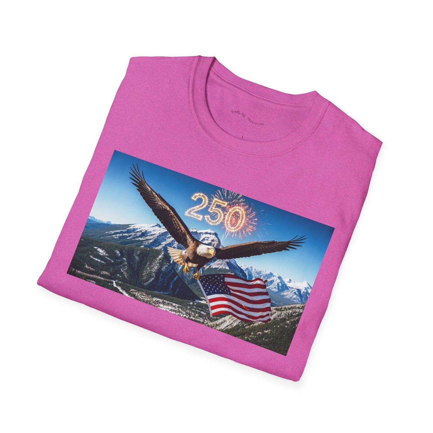 Patriotic Eagle T-Shirt – '250' Fireworks & American Flag Mountain Design