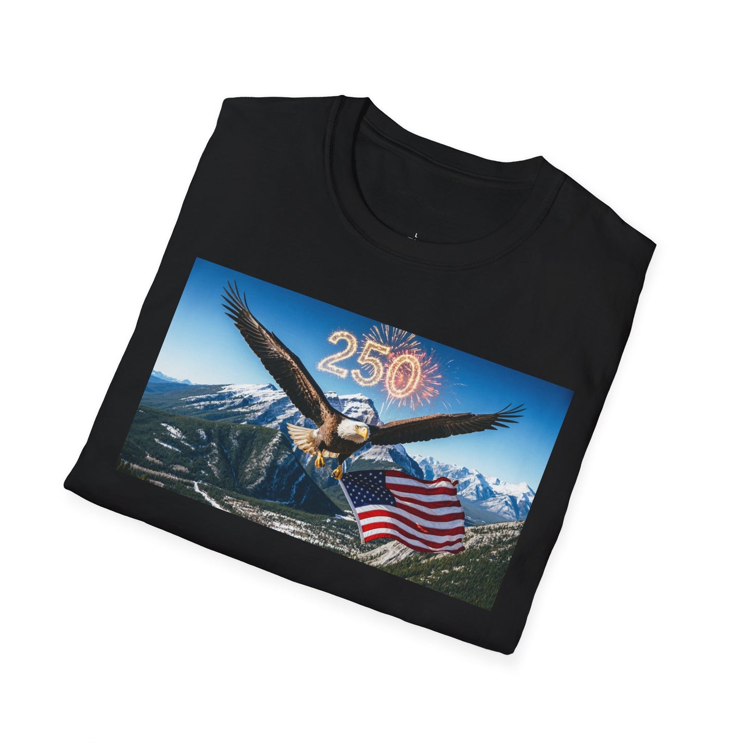 Patriotic Eagle T-Shirt – '250' Fireworks & American Flag Mountain Design