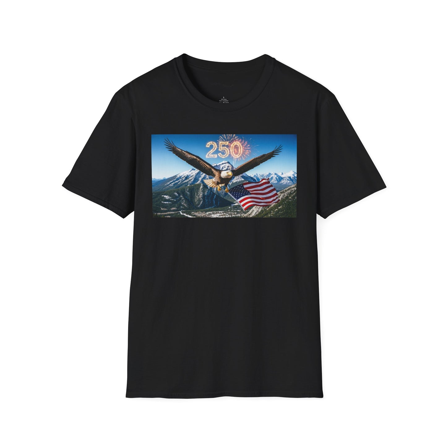 Patriotic Eagle T-Shirt – '250' Fireworks & American Flag Mountain Design