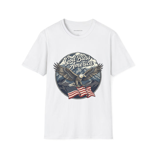 God Bless America Eagle T-Shirt — Patriotic Bald Eagle with Flag Design