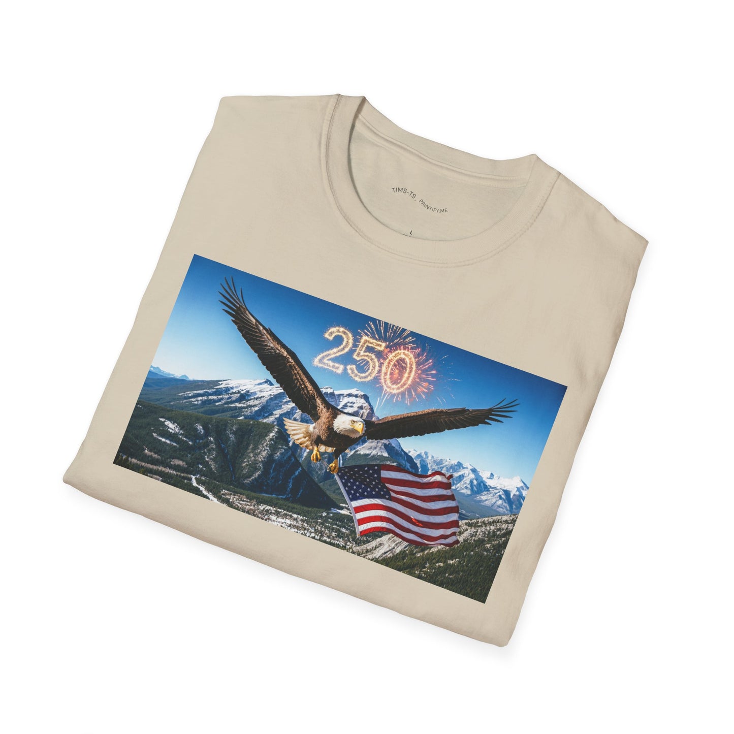 Patriotic Eagle T-Shirt – '250' Fireworks & American Flag Mountain Design
