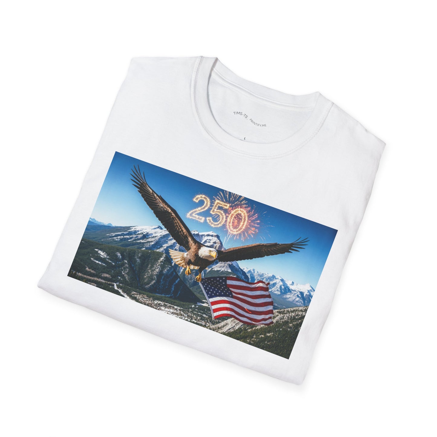 Patriotic Eagle T-Shirt – '250' Fireworks & American Flag Mountain Design